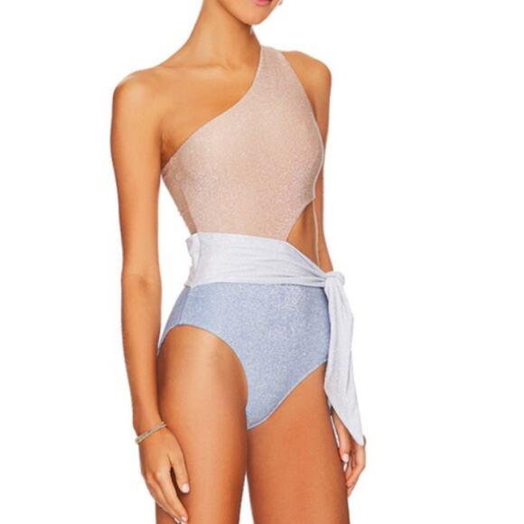 Beach Riot Carlie Metallic Cut Out One Piece Swimsuit size small Blue Silver